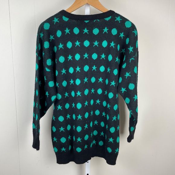 Vintage 80s Fortune Knits Geometric Green Black Sweater Circles Stars‎ One Size - Picture 4 of 5